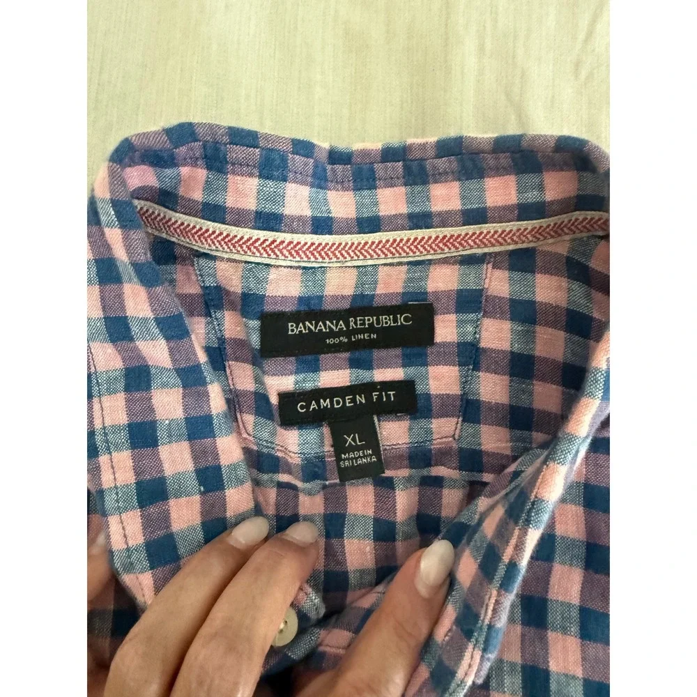 Banana Republic Camden Fit 100% Linen Pink Blue Gingham Plaid Button Shirt XL